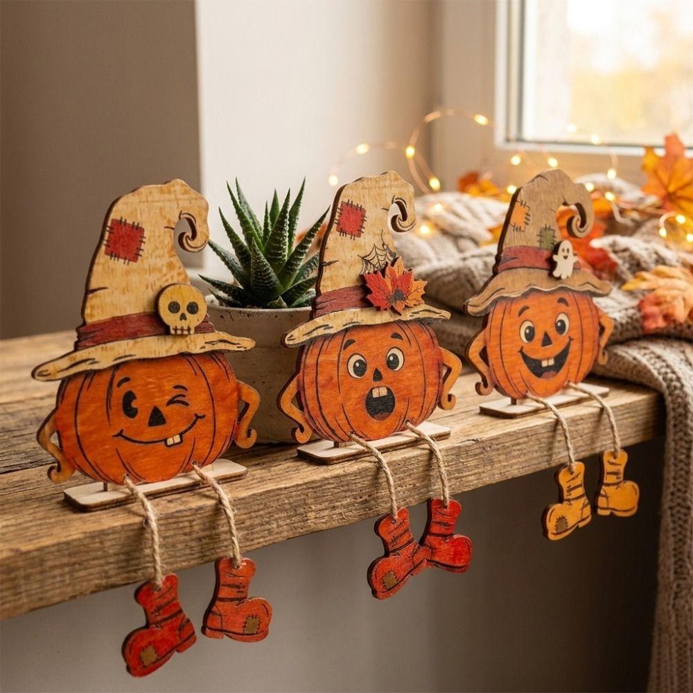 3Pcs Vintage Pumpkin-Shaped Wooden Ornaments 2D Flat Face Pumpkin Display Decor Holiday Gifts