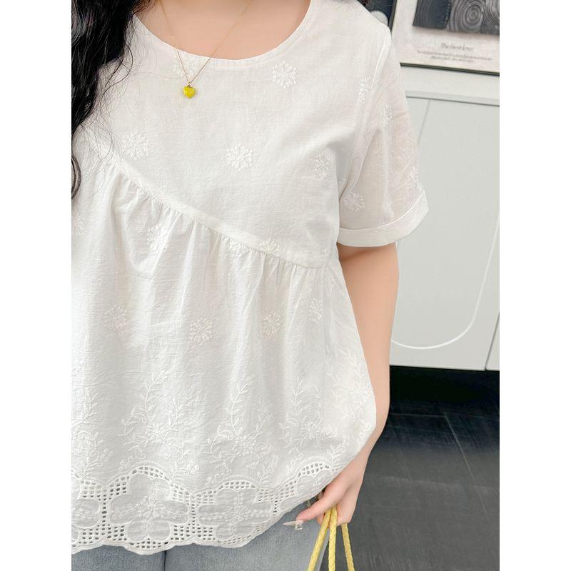 Plus Size Women Clothing [Elegant Artistic Shirt] Summer Retro Casual Jacquard Embroidered Hollow Round Neck Short Sleeve Shirts