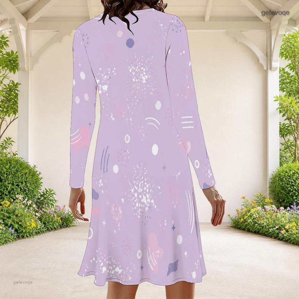 Women Plus Size Dark Purple Round Neck Long Sleeve Halloween Printed A Line Dress