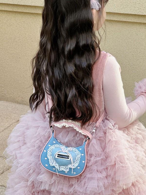 Mini Borsa a Spalla in Denim con Fiocco di Pizzo Coreano per Donne e Bambini - Collezione Autunno/Inverno 2025