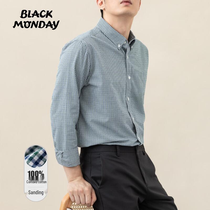 BLACKMONDAY Men s Pure Cotton Wrinkle-Resistant Plaid Long-Sleeve Shirt L