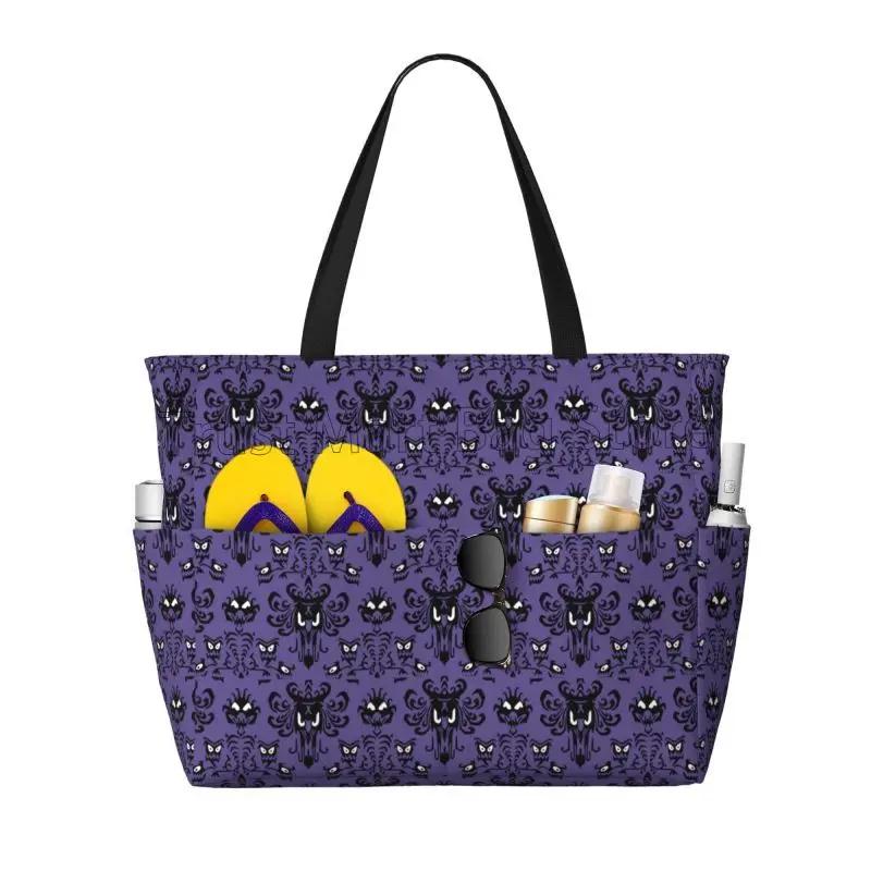 

Happy Haunted Mansion Beach Bag for Women Travel Tote Bag with Pockets Summer Large Beach Pool Bag for Swim Gym Vacation