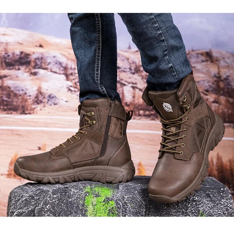 Fashion 2024 New High Top Leather Outdoor Men's Boots Breathable Desert Combat Work Ankle Outdoor Anti Slip Hiking Boots