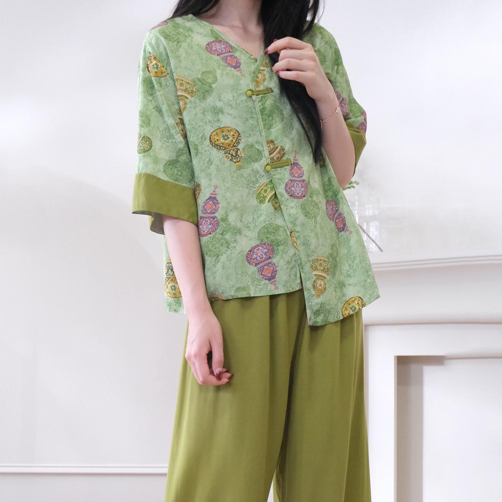 Button national style cotton silk pajamas women can wear cotton and silk suits in summer, retro printing can wear thin loungewear