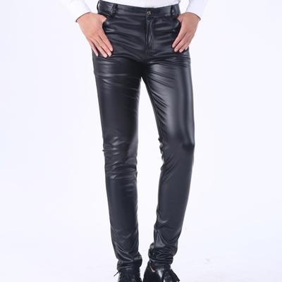 Pantaloni pentru bărbați din piele artificială, netedă, culoare solidă, buzunare slim fit, talie mijlocie, moale, respirabil, elastic, pantaloni lungi de club pentru motociclete
