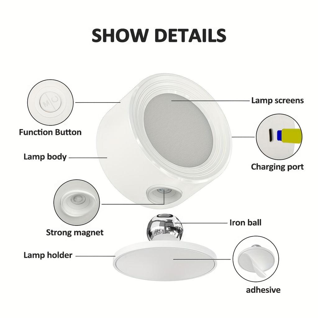 Wireless LED Wall Light/Lights: 3 Color Temperatures, 360° Rotatable,No-Drill & Rechargeable.Remote Control, Dimmable,Night Light for Bedroom