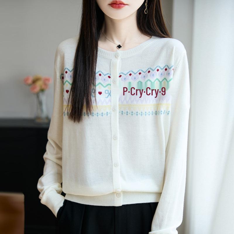 Women's Autumn 2025 Jacquard Round Neck Long Sleeve Knit Cardigan Jacket