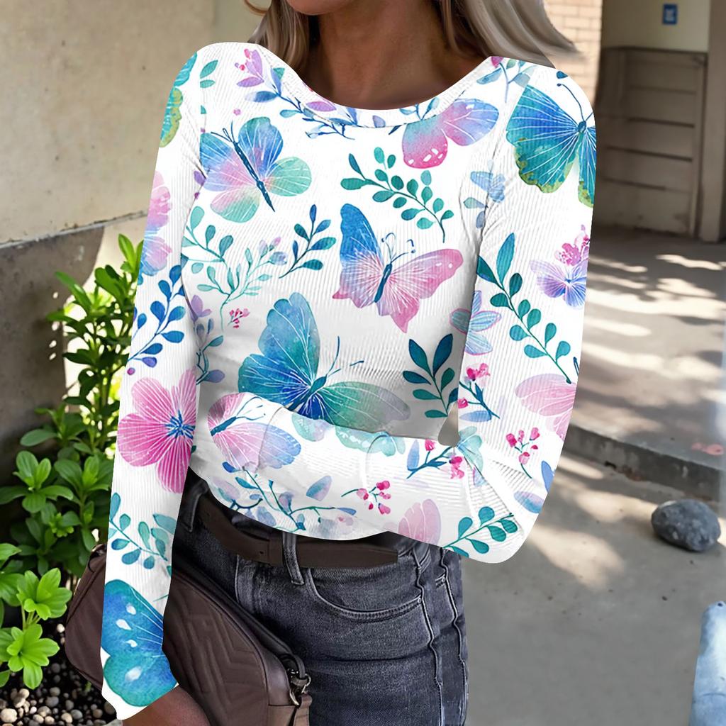 Women's Casual Ribbed Long Sleeve Top Floral Print Crew Neck Stretchy Slim Fit Lightweight Shirt for Everyday Wear