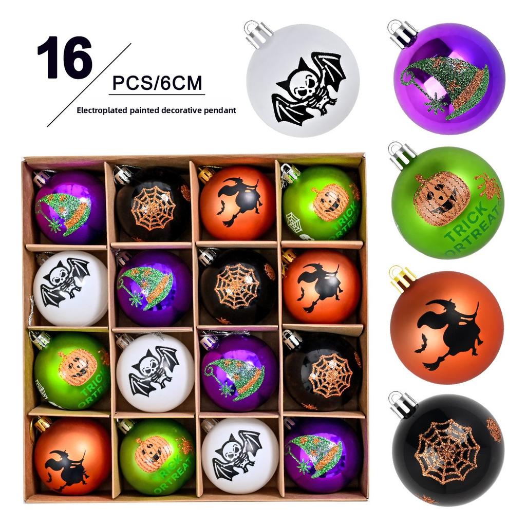 Halloween 6cm Plastic Painted Ghost Ball and Skull Pumpkin Hanging Ornaments Set for Tree Decoration and Festive Gifts