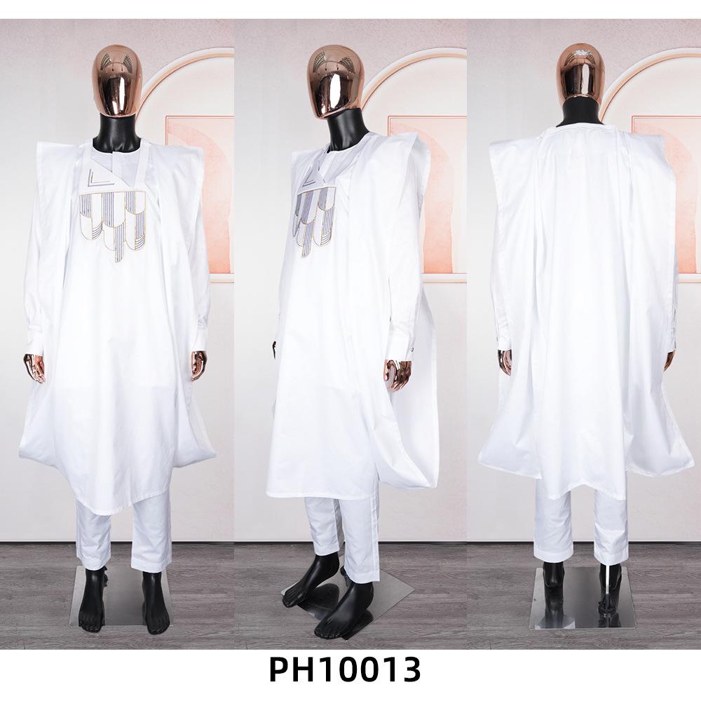 African Men's Traditional Three-Piece Set: Embroidered Robe, Pants, and Matte Cloth