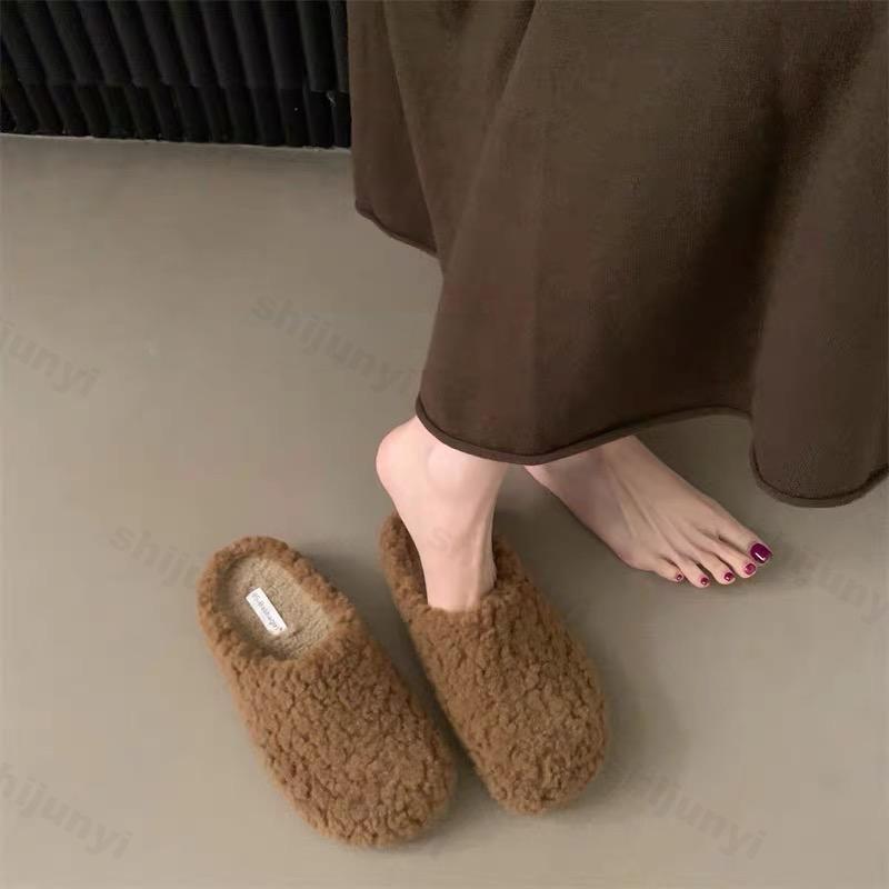 Damen Baumwoll Hausschuhe Mode Pelz Flache Mules Schuhe 2026 Neue Winter Plüsch Haus Hausschuh Warm Rutschfest Retro Hausschuhe Zapatos