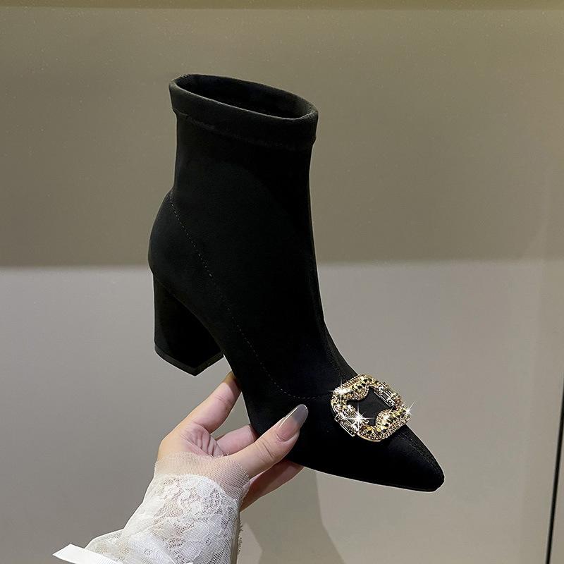 Pointed suede autumn and winter new fashion high-heeled short boots women's rhinestone square buckle low tube fashion boots solid color thin boots