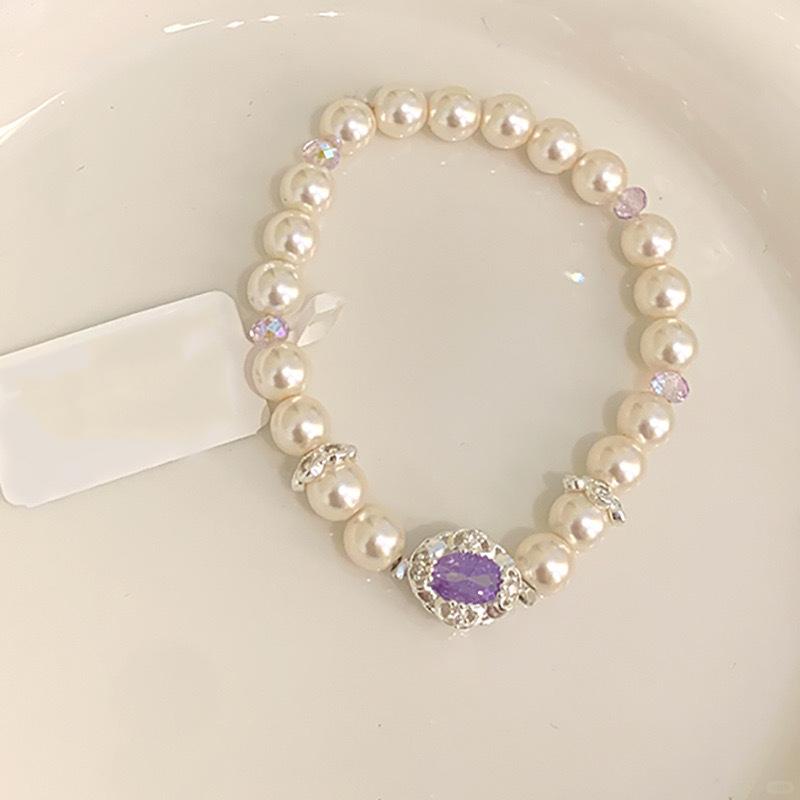 Hot Selling Pearl Beaded Bracelet 2025 New Oval Purple Zircon Pigeon Egg Elastic Rope Bracelet