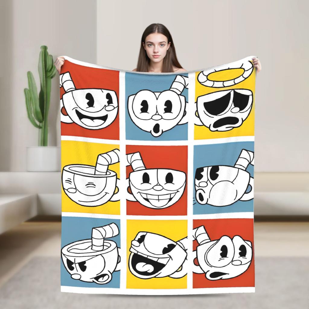 Cupheads Knitted Blanket Fleece Video Game Warm Throw Blanket for Outdoor Travel Bed Rug