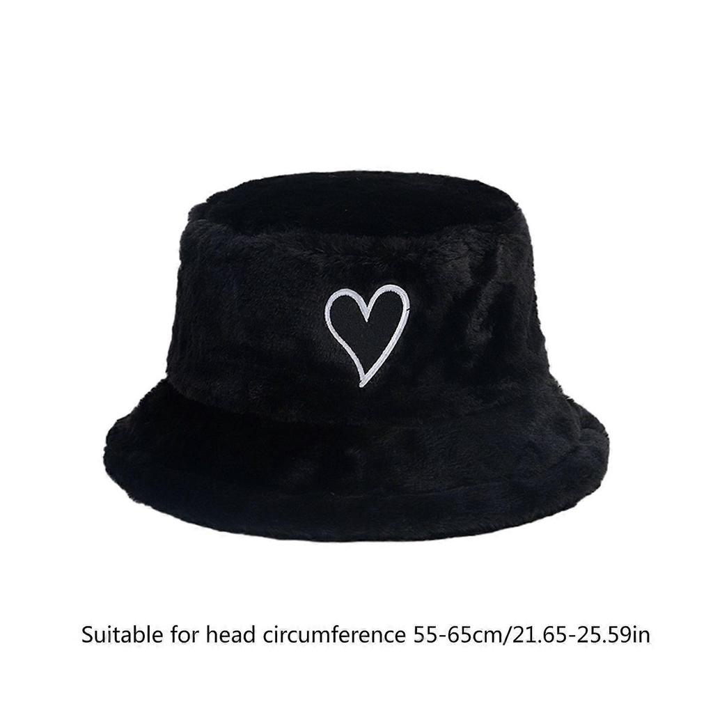 Winter Keep Warm Plush Bucket Hat Ladies Windproof Commute Camping Fisherman Cap with Heart Patchwork Hat for Girlfriend  White