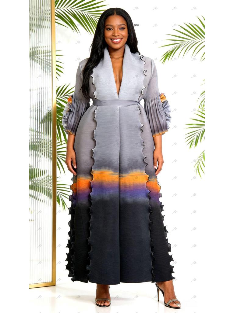 Miyake Women's Tie-Waist Gradient Ruffled Long Coat and Skirt Set - Ideal for Spring and Autumn