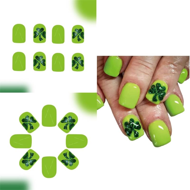 24 Pcs Short Square False Nail Glossy Stick on Nail Saint Patricks Day Press On Nail Clovers Artificial Nail