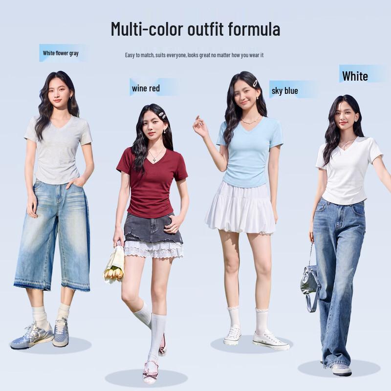 MINISO Women's V-Neck Slim Fit Cropped T-Shirt