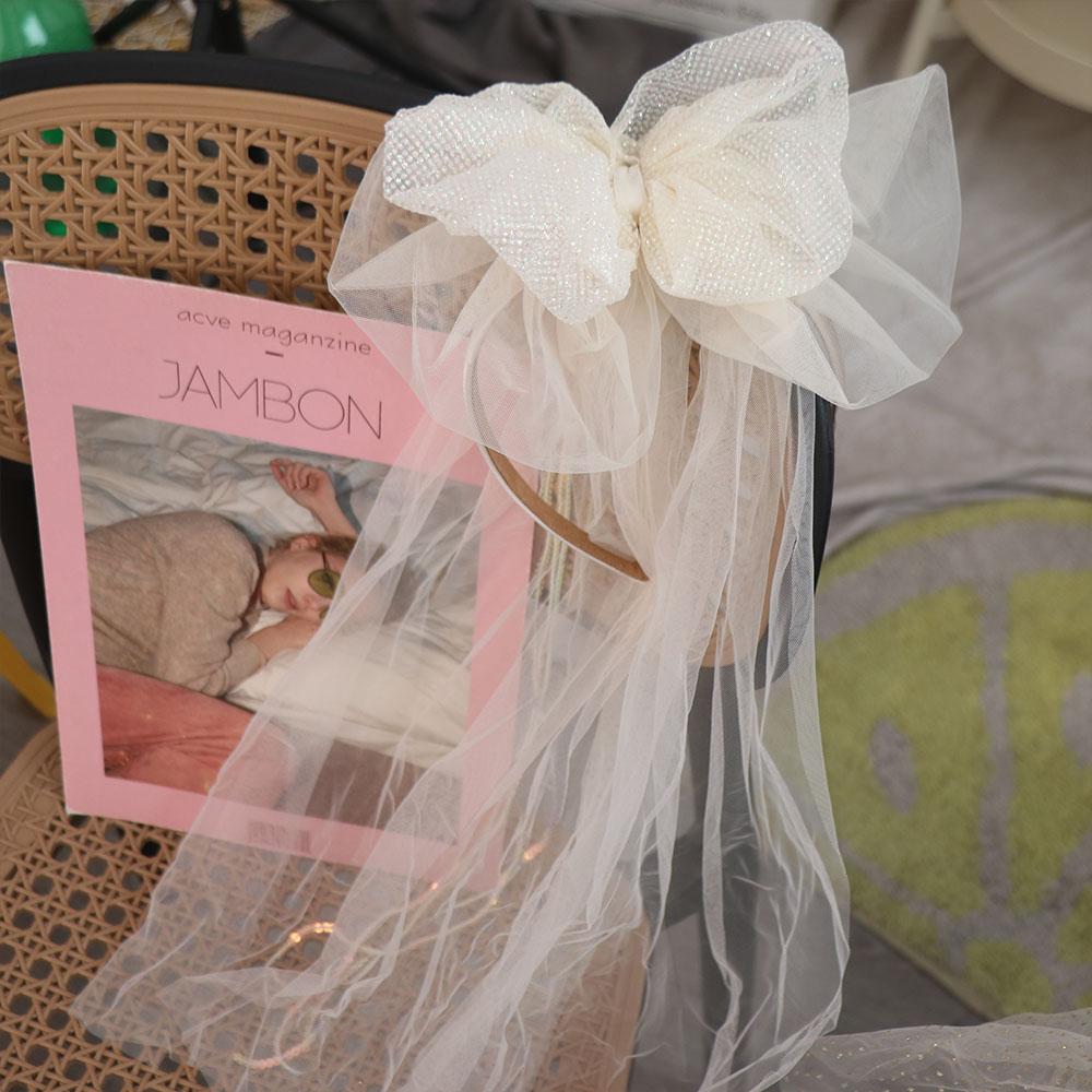 Soft White Veil Hairband Creative Birthday Photograph Prop Hair Hoop Mesh Bow Headband  Girls