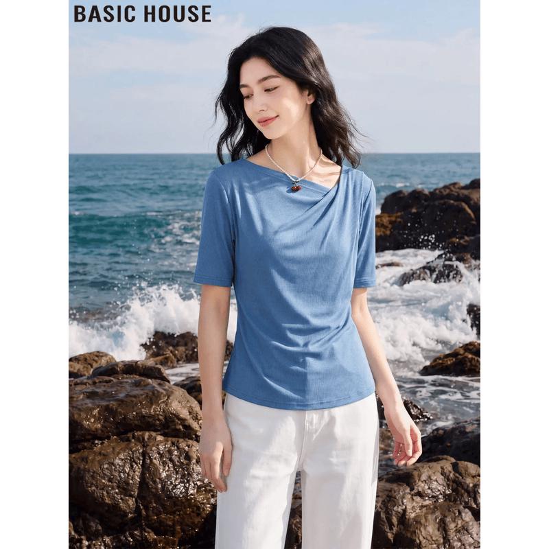 Basic House Women s Silk Blend One-Shoulder T-Shirt XL французские синий