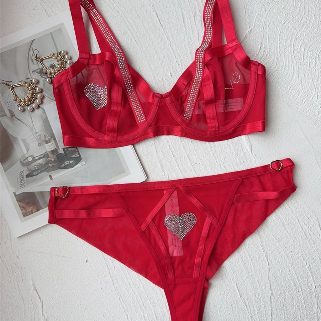 B6011 Summer Ultra-Thin Lace Red Push-Up Bra with Underwire & Rhinestone Detail