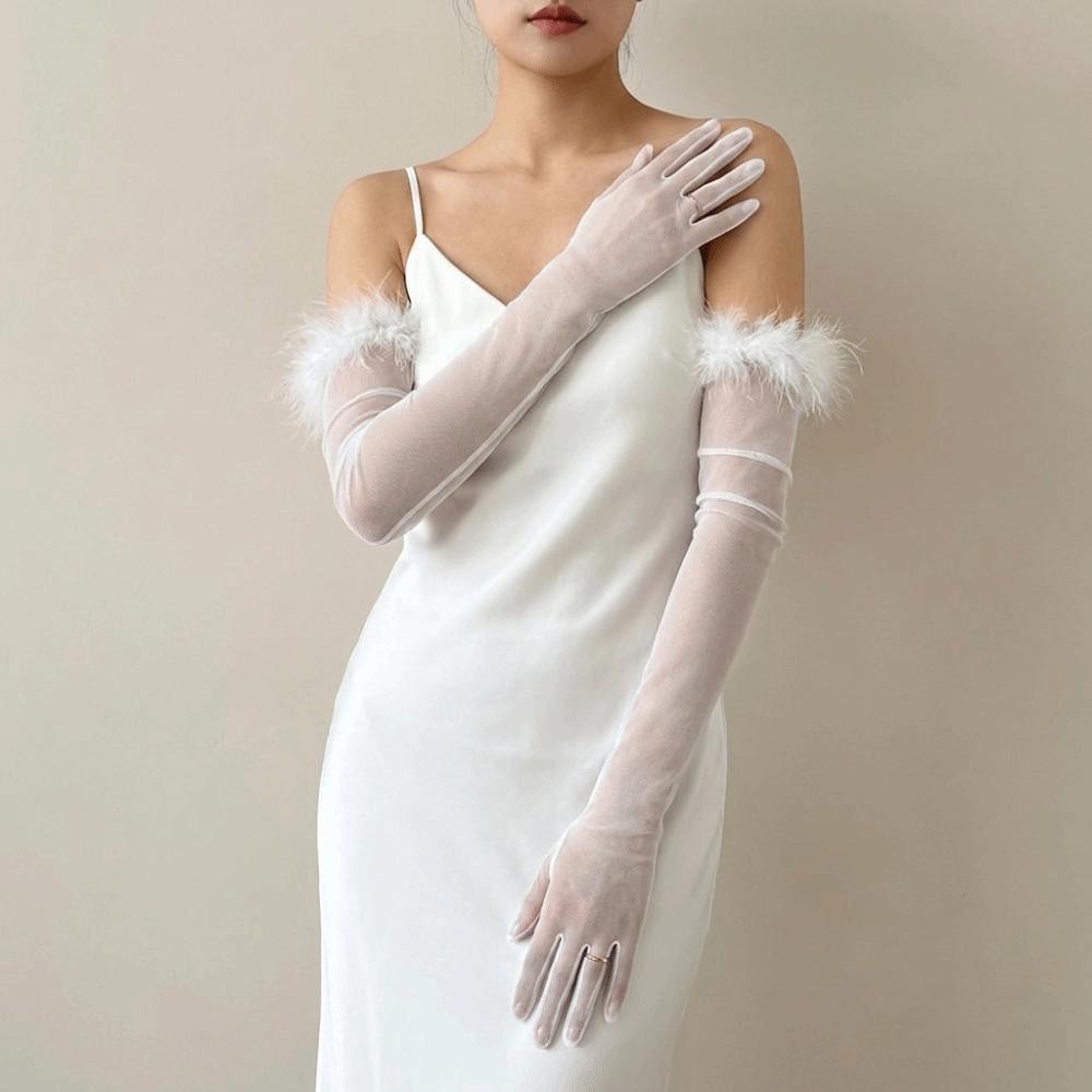 Transparent Long Gloves Solid Color Bridal Gown Accessories Fashion Feather Gloves Prom Dress