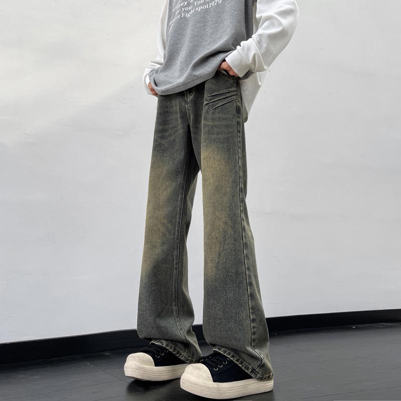 

Men s Vintage Washed Wide-Leg Ripped Jeans – Straight-Leg, High-Street Style, Micro-Flare Streetwear Pants M вохра/жовтий