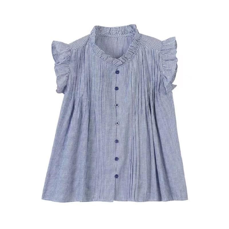 

French Style Small Fly Sleeve Blue Checkered Shirt for Women s Summer Design, Niche Loose White Sleeveless Doll Top XS синий
