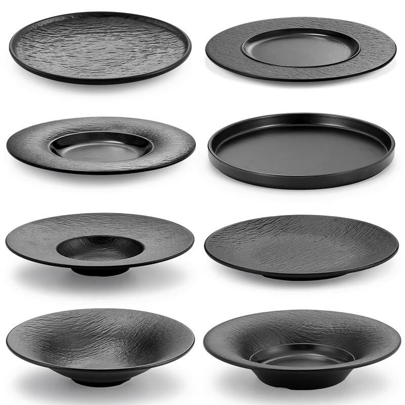Japanese Melamine Black Round Dinner Plate with Tree Bark Texture