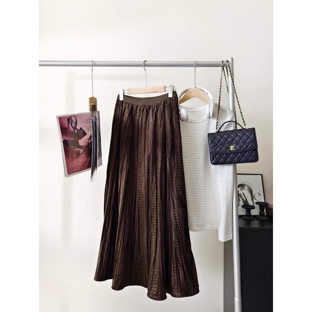 DIMANAF 2025 Autumn New Women Skirts Solid Plaid Loose Elastic Waist Pleated Elegant Long Skirts Red