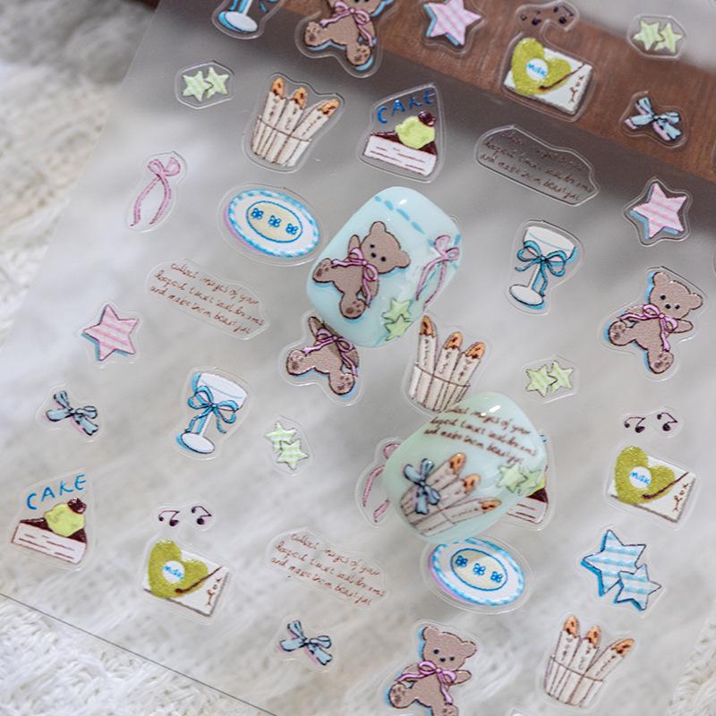 Sky Little Yellow Bear Cute Childlike Nail Art Stickers with Stars, Bows & CCD Camera Phone Jelly Stickers
