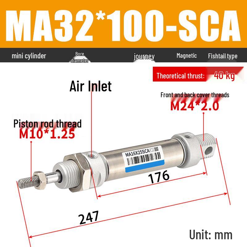 Mini Stainless Steel Pneumatic Cylinder MA Series (16-40mm Bore, 50-200mm Stroke)