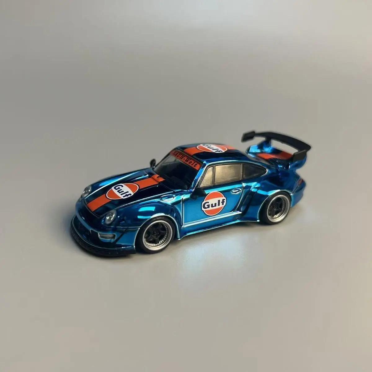 

Flame 1:64 Porsche RWB 993 964 electroplated blue Gulf acrylic painted base alloy car model
