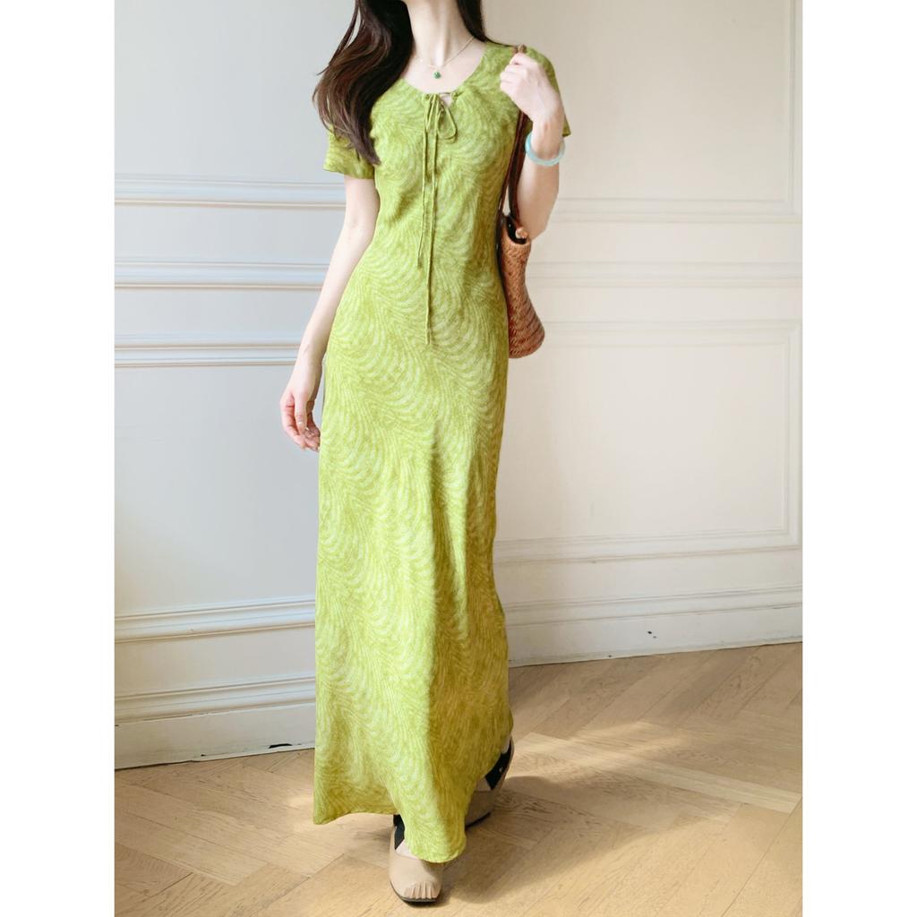 Summer New French Diagonal Cut Green White Waist Temperament Printed Wave Long Dress