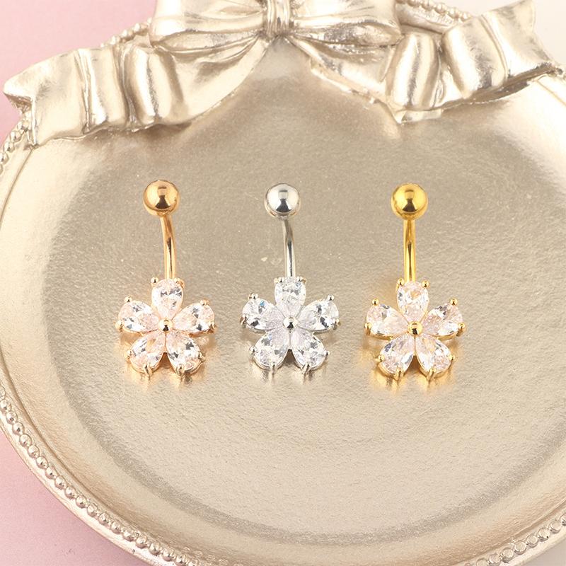 Exquisite Zircon Stainless Steel Body Jewelry Flower Belly Button Rings Dangling