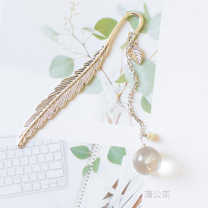 Alloy Feather Bookmark Dried Flowers Pendant Book Marker Teacher Gift Student Stationery School Office Supply Escolar Papelaria
