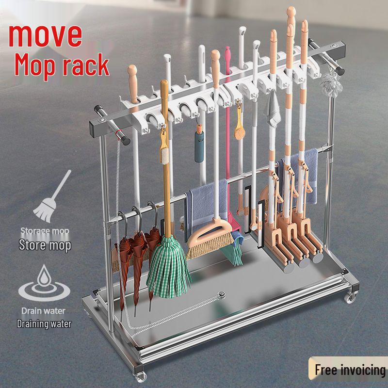 Stainless Steel Mobile Mop and Broom Holder Stand for Cleaning Tools
