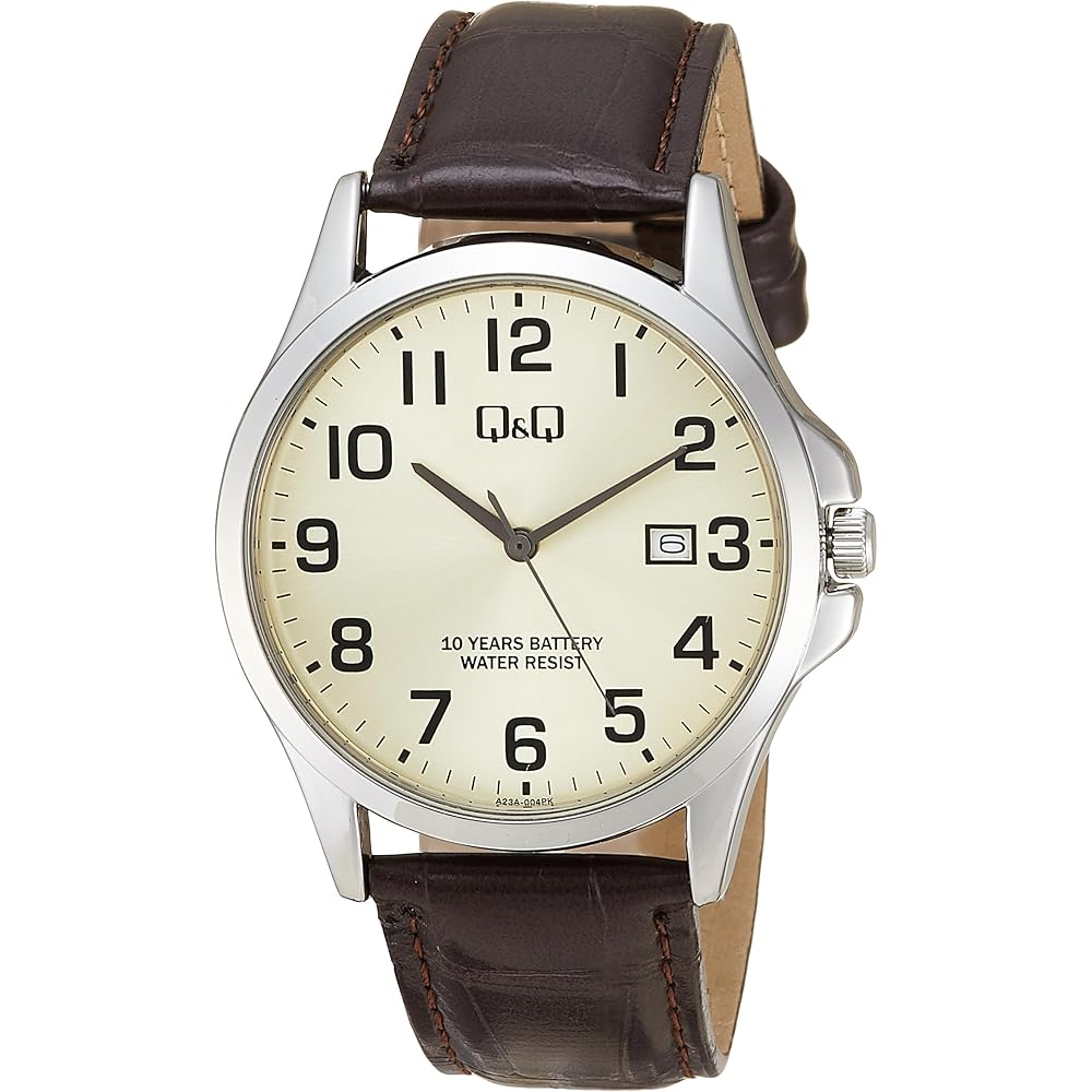 

Citizen Q&Q Analog Watch 10-Year Battery Life Waterproof Date Synthetic Leather Band A23A-004PK Men s Gold