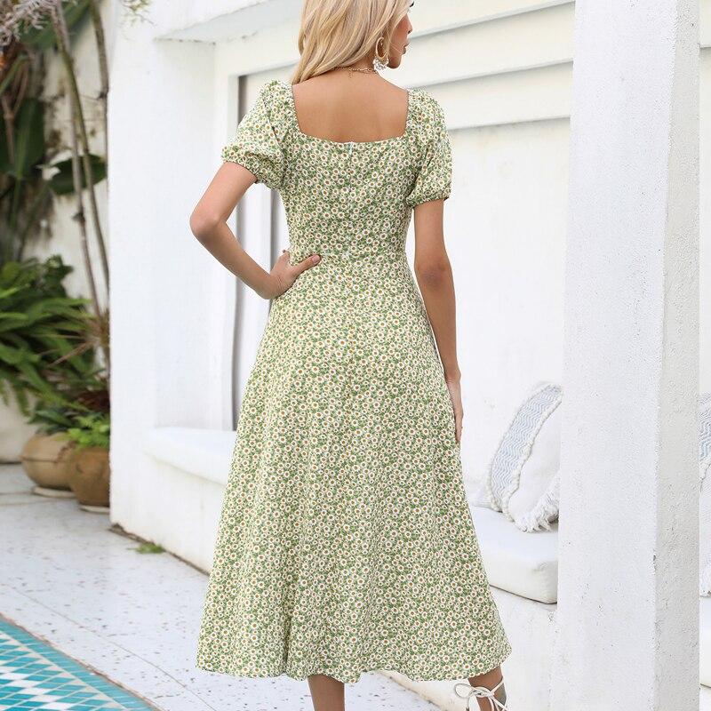 Casual Flower Printed High Waist Dress Summer Sexy A-line Short Sleeve Split Party Dress For Women 2023 Fashion Vestidos 25280