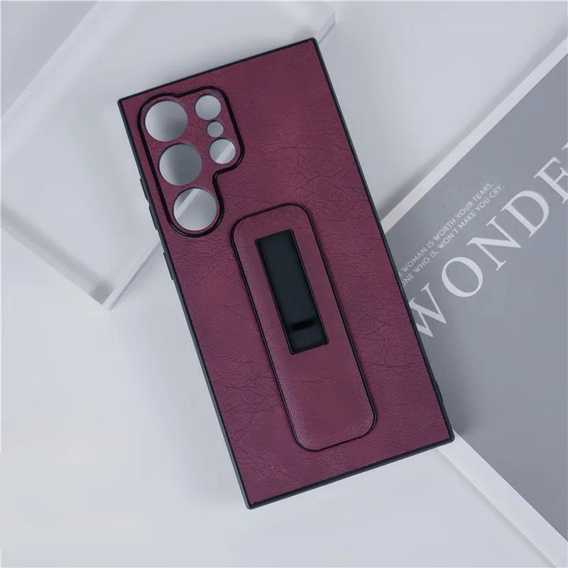 Faux Leather Cover with Invisible Bracket for Samsung Galaxy S24 S23 S22 S21 Ultra Plus + Kickstand Ring Holder Stand Phone Case