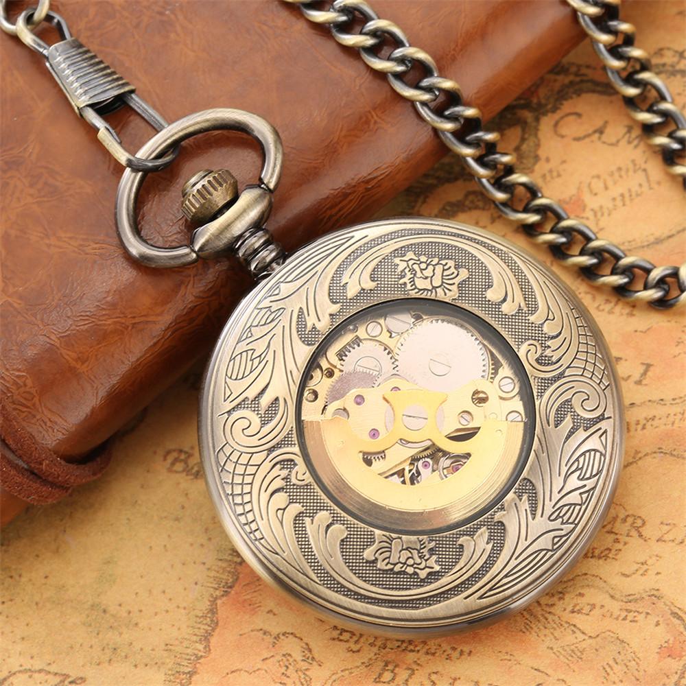 Roman Numerals Mechanical Self-Wind Pocket Watch Male Vintage Bronze Half Hunter FOB Chain Automatic Pocket Pendant Timepiece