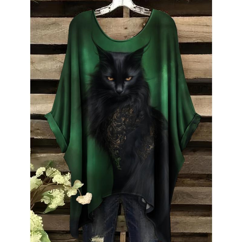 

Plus Size Women s Casual Dolman Sleeve T-Shirt - Dark Night Cat Shadow Print, Loose Round Neck, Machine Washable Comfort Top for All Seasons 5XL