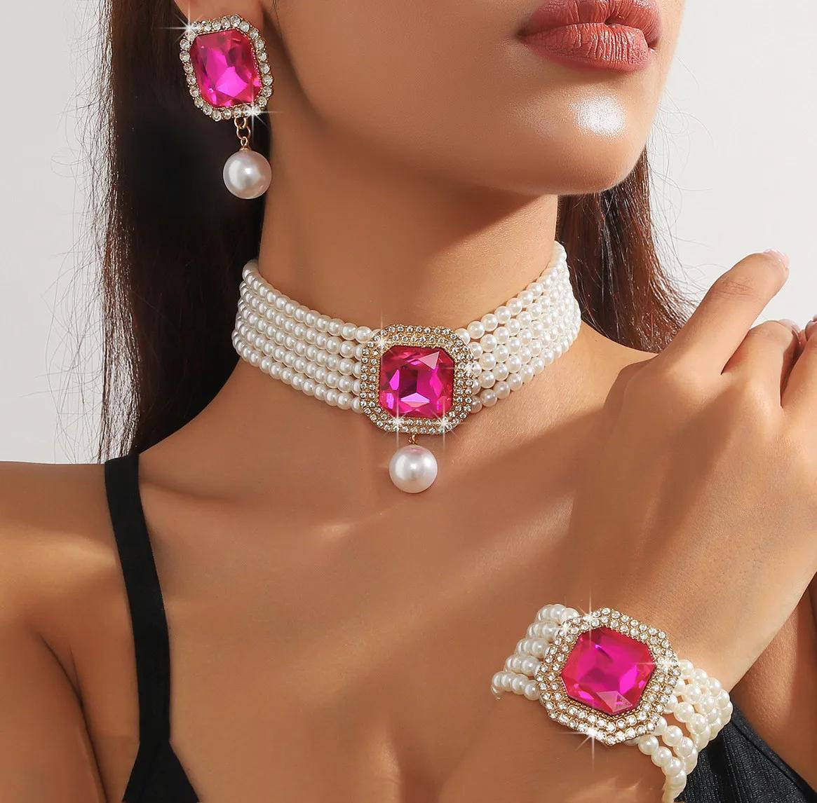 

FYUAN Многослойное циркониевое ожерелье для женщин Геометрические квадратные розово-красные зеленые хрустальные серьги браслет Свадебные циркониевые наборы розы красного