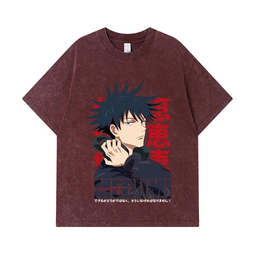 275 GSM Washed T-shirts 100% Cotton Jujutsu Kaisen V38 Megumi Print Unisex Heavy Cotton T Shirt