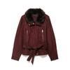PBZA Womens Faux Fur Collar Belted Jacket Solid Color Casual Commute Outerwear