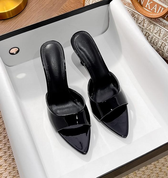 

Новые лаковые нюдовые босоножки на высоком каблуке, тонкий каблук, острый носок, сексуальные шлепанцы на одной перемычке, женские 41 чёрный