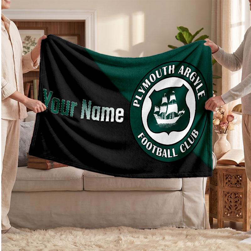 Plymouth Argyle FC Personalized Fleece Blanket With Football Logo, Custom Name Text Soft Warm Home Throw Blanket
