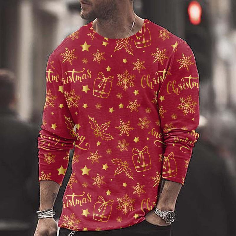 Summer Round Neck Christmas 3D Print Top Fashionable Casual Long Sleeved Men's T-shirts