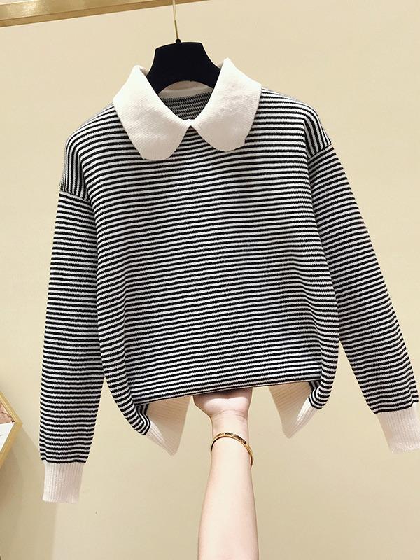 Women's Loose Pullover Sweater - 2024 Autumn Korean Doll Collar Style, Thick Knit