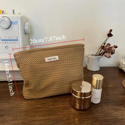 1pc Rice Grain Woven Makeup Pouch, Women's Travel Toiletry Bag, Cosmetic Organizer with Zipper, Fabric Handbag